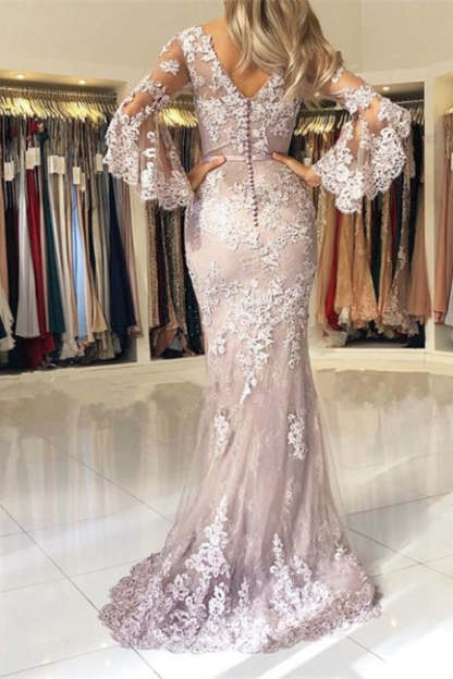 Fashion Evening Dresses Long Lace With Sleeves Floor-Length Evening Wear Prom Dresses-BMbridal.com