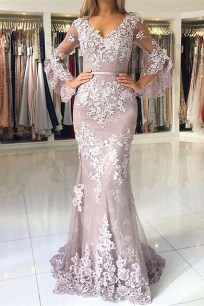 Fashion Evening Dresses Long Lace With Sleeves Floor-Length Evening Wear Prom Dresses-BMbridal.com