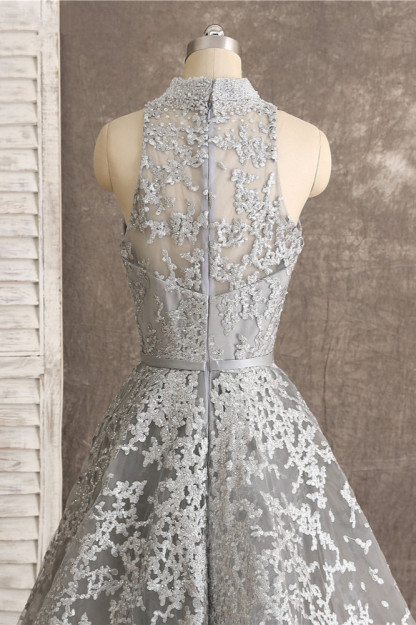 BMbridal Gorgeous High-Neck Tulle Lace Prom Dresses Sleeveless Appliques Rhinestones Formal Party Dresses On Sale-BMbridal