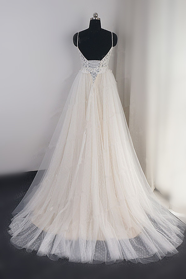BMbridal Affordable Spaghetti Straps Tulle Ruffle Wedding Dress V-Neck Lace Appliques Bridal Gowns On Sale-BMbridal