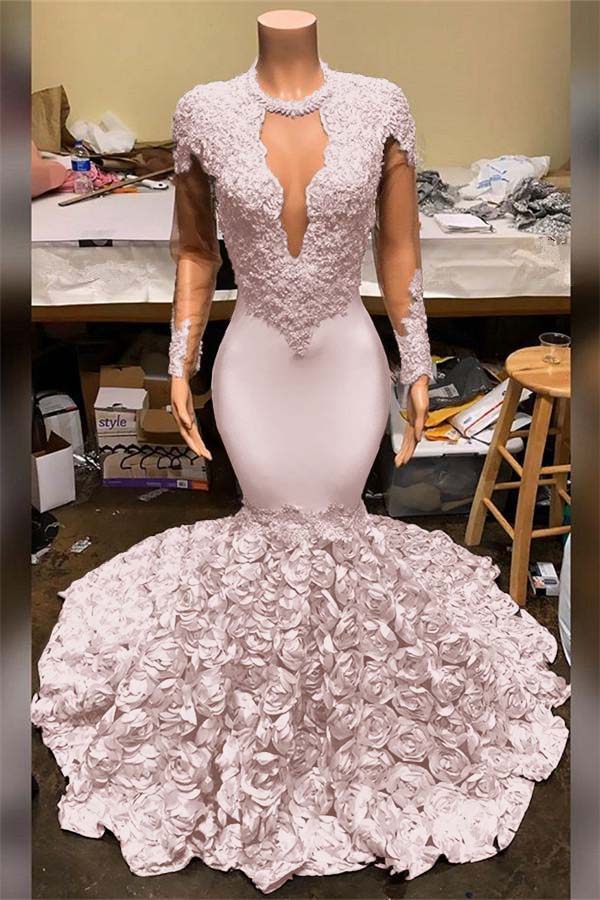 Elegant Mermaid V Neck Prom Dress Appliques Long Sleeves With Flowers Bottom