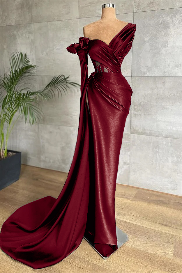 Black One Shoulder Long Sleeve Lace Pleated Long Prom Dress With Side Split