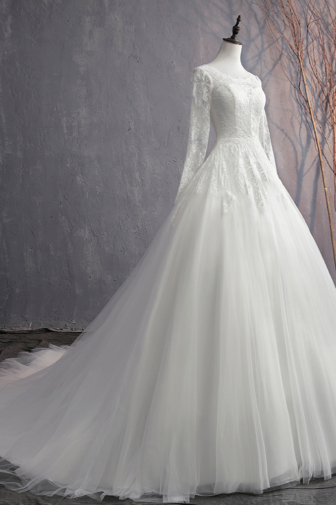 BMbridal Glamorous Jewel White Tulle Lace Wedding Dress Long Sleeves Appliques Bridal Gowns On Sale