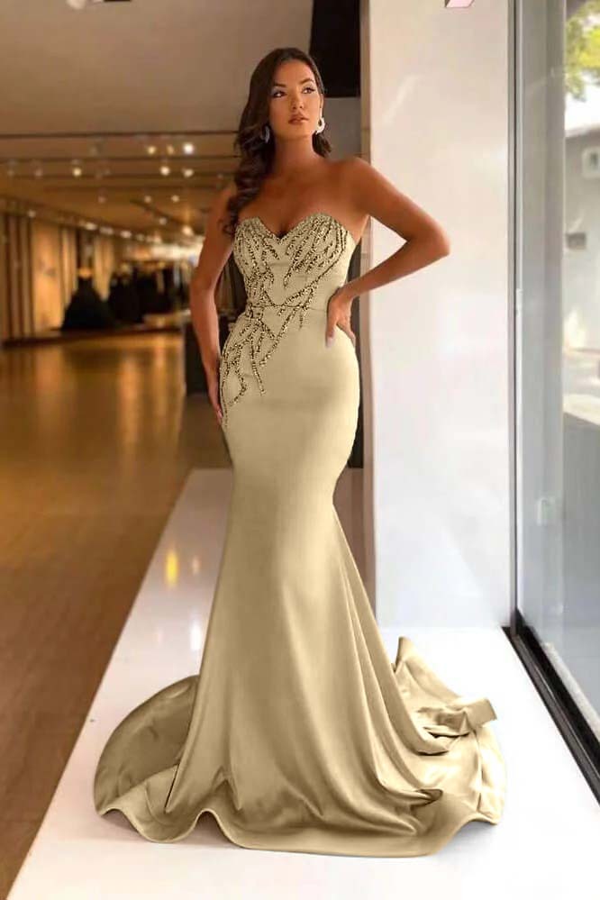 Pretty Strapless Sweetheart Sleeveless Long Mermaid Prom Dress With Beadings