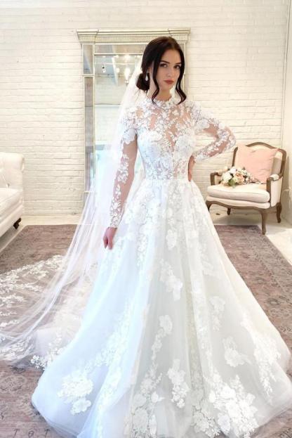 Vintage Open Back Long A-Line High Neck Wedding Dress with Lace Sleeves