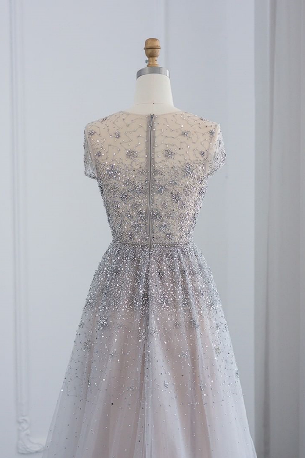 Bmbridal Red A-Line Short Sleeves Floor-Length Prom Dresses with Beadings