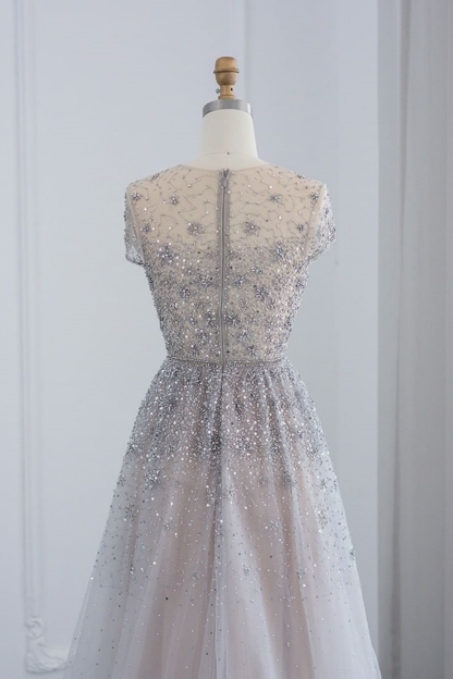 Bmbridal Red A-Line Short Sleeves Floor-Length Prom Dresses with Beadings