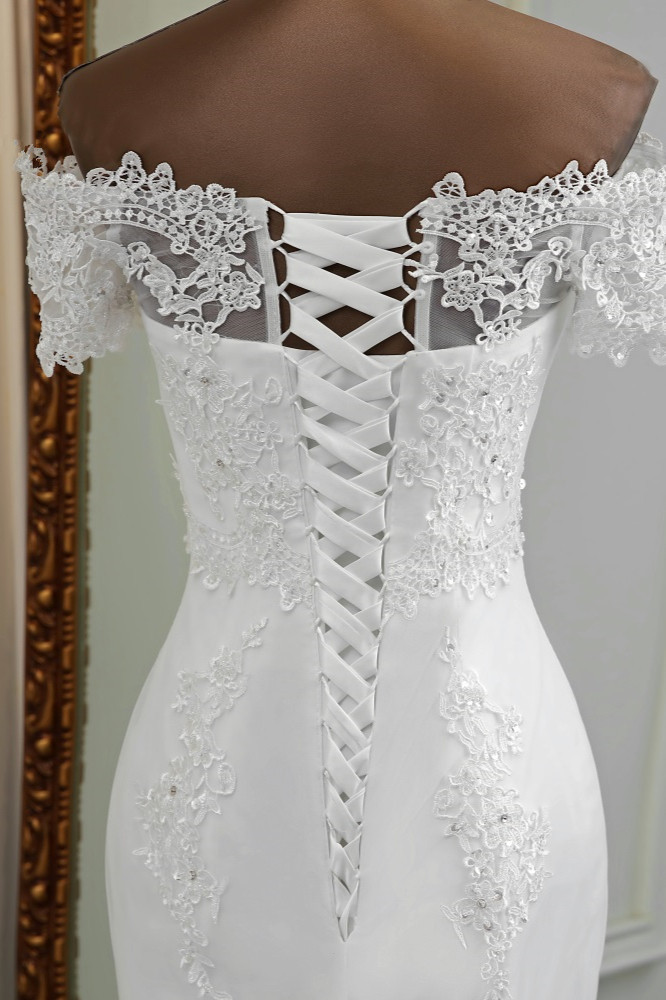 BMbridal Gorgeous Off-the-Shoulder Lace Mermaid Wedding Dresses Short Sleeves Rhinestons Bridal Gowns-BMbridal