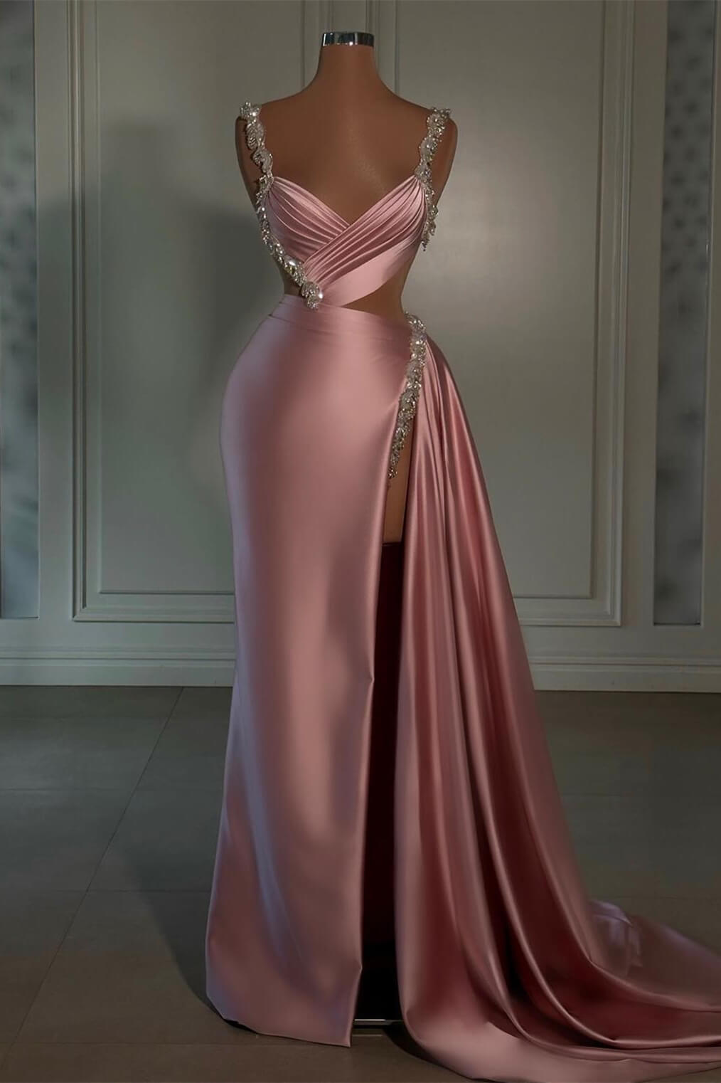 Chic Pink Sheath Slit Long Prom Dress Sleeveless With Beads-BMbridal