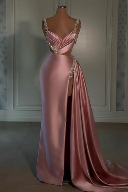 Chic Pink Sheath Slit Long Prom Dress Sleeveless With Beads