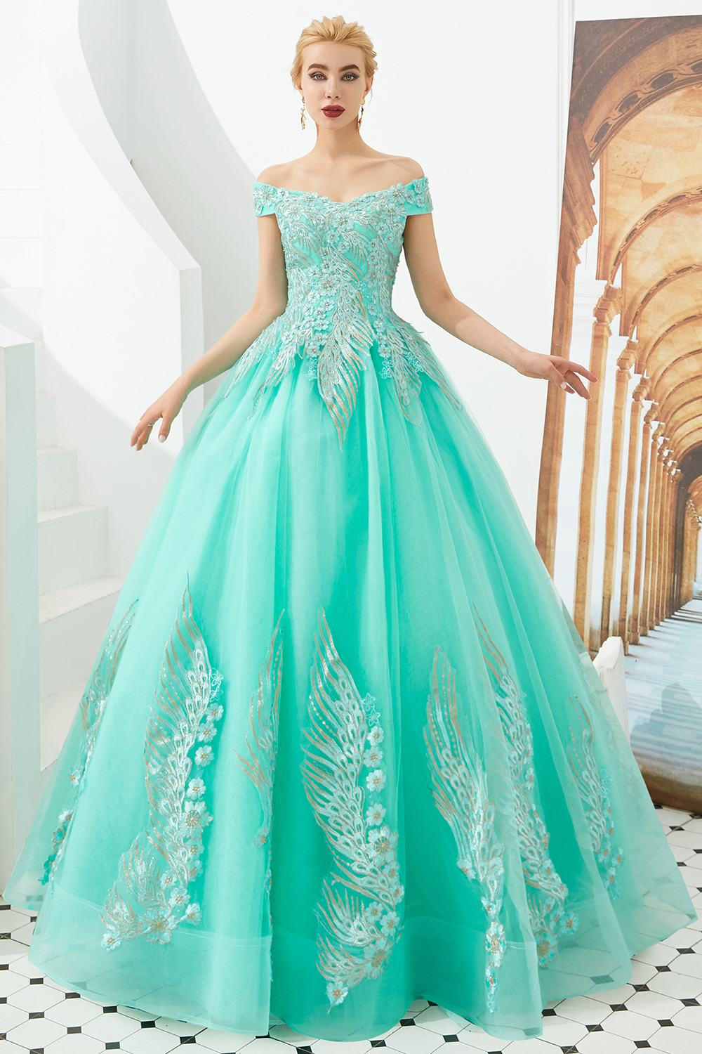 BMbridal Off-the-Shoulder Tulle Ball Gown Prom Dress With Appliques Beadings
