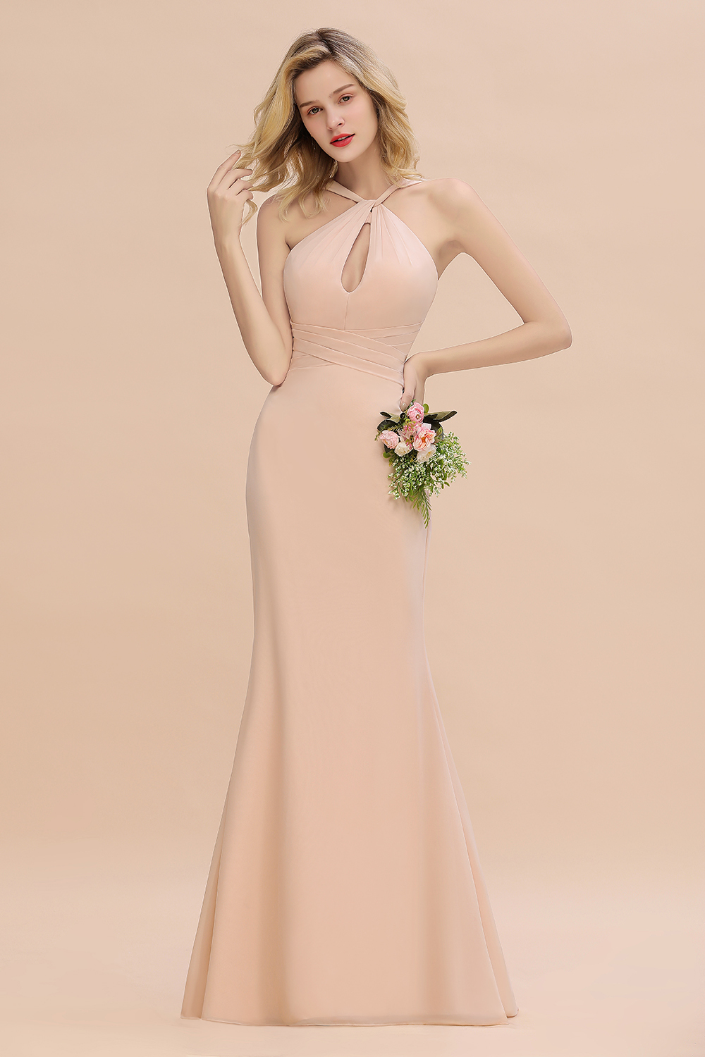 BMbridal Chic Mermaid Keyhole Pink Chiffon Long Bridesmaid Dress Affordable with Ruffle-BMbridal