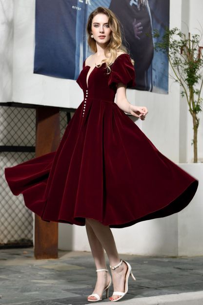 BMbridal Vintage Bugrundy Short Sleeve Prom Dress Tea-Length Party Gowns With Lace-up