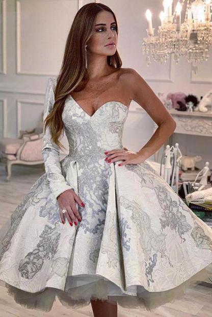 Luxury One Shoulder Floral Pattern A-Line Short Wedding Dress with Sleeves