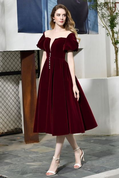 BMbridal Vintage Bugrundy Short Sleeve Prom Dress Tea-Length Party Gowns With Lace-up