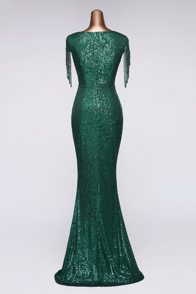 BMbridal Elegant V-Neck Beading Long Mermaid Prom Dresses with Short Sleeves Online