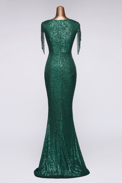 BMbridal Elegant V-Neck Beading Long Mermaid Prom Dresses with Short Sleeves Online