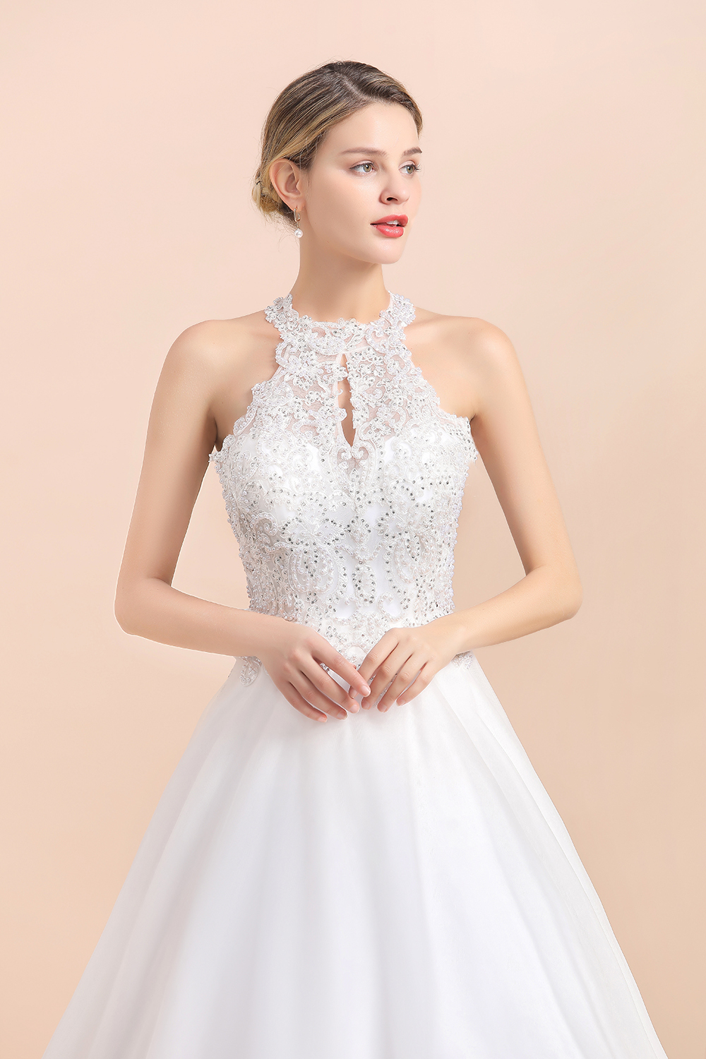 BMbridal Exquisite High-Neck Lace Wedding Dress Appliques Sequins Sleeveless Bridal Gowns On Sale-BMbridal