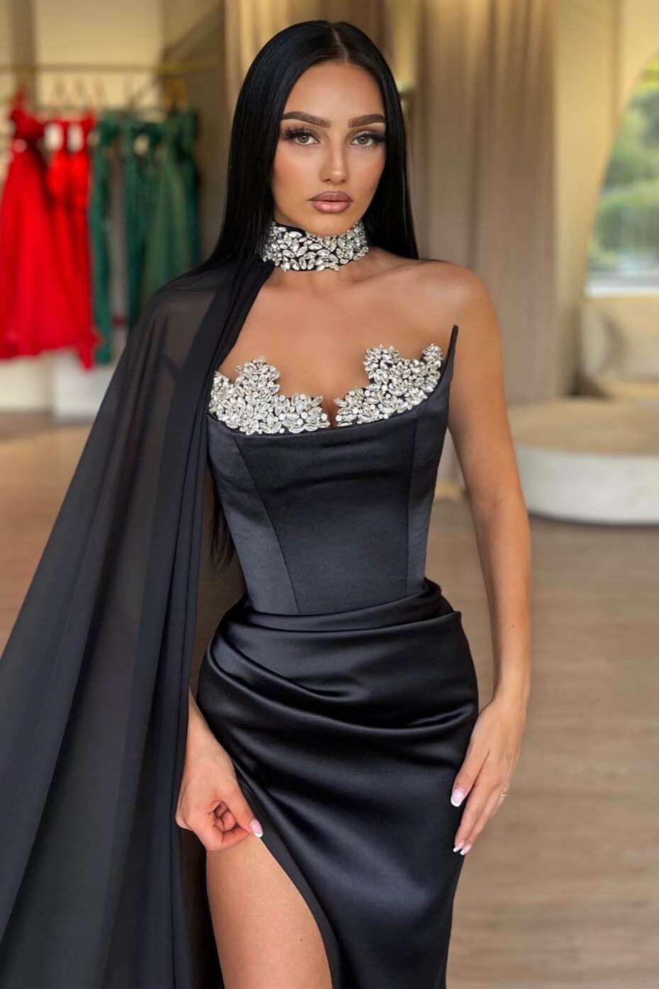 Gorgeous Sweetheart Black Prom Dress Slit Long With Crystals