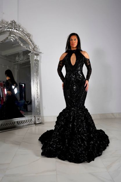 Bmbridal Black Mermiad Halter Long Sleeves Prom Dress with Appliques