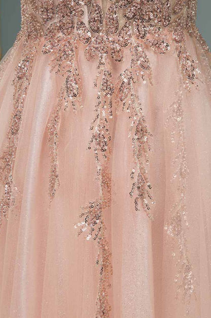 BMbridal Elegant Tulle Spaghetti Strap V-Neck Pink Prom Dress with Beading Appliques