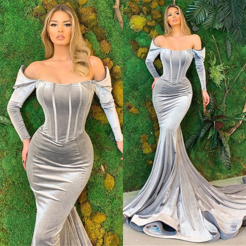 Bmbridal Velvet Long Sleeves Prom Dress Mermaid Long Evening Gowns