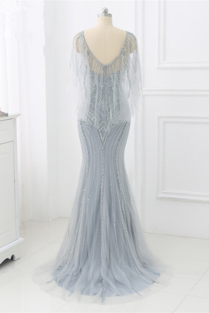 BMbridal Elegant Tulle Jewel Beadings Mermaid Prom Dresses with Ruffles Online
