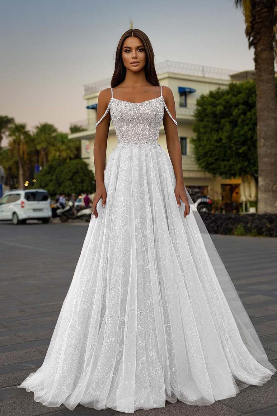 Tulle Spaghetti Strap Sleeveless A Line Long Prom Dress With Sequins Beads