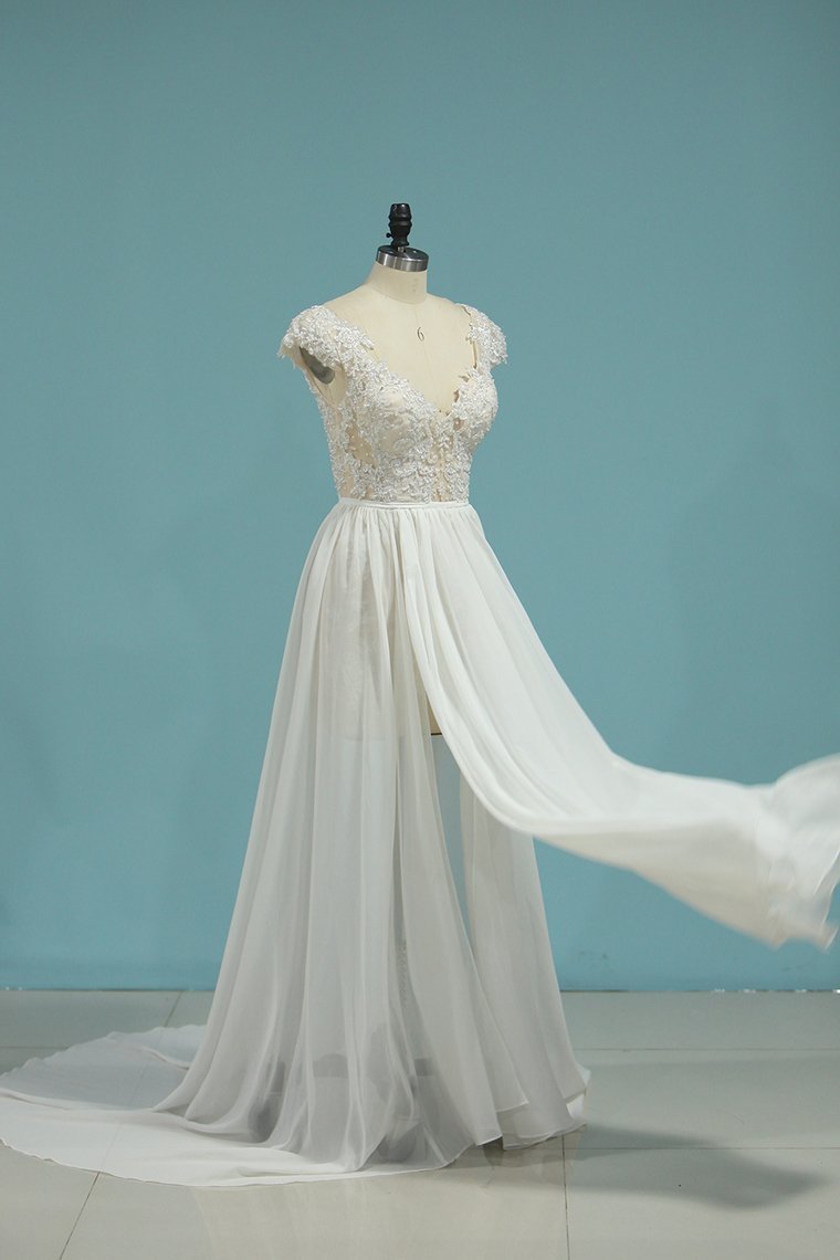 BMbridal Simple Chiffon Ruffles Lace Wedding Dress Appliques Cap Sleeves V-neck Beadings Bridal Gowns On Sale-BMbridal