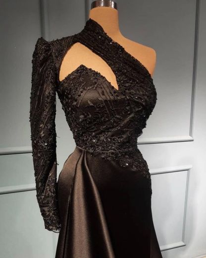 BMbridal Black One Shoulder Lace Prom Dress Mermaid With Long Sleeves