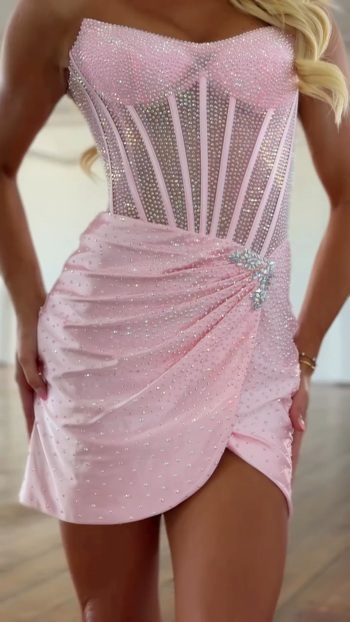 Strapless Sweetheart Rhinestone Sheer Corset Homecoming Dress Ruched Wrap Skirt Slit Mini