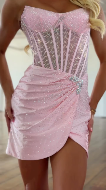 Strapless Sweetheart Rhinestone Sheer Corset Homecoming Dress Ruched Wrap Skirt Slit Mini
