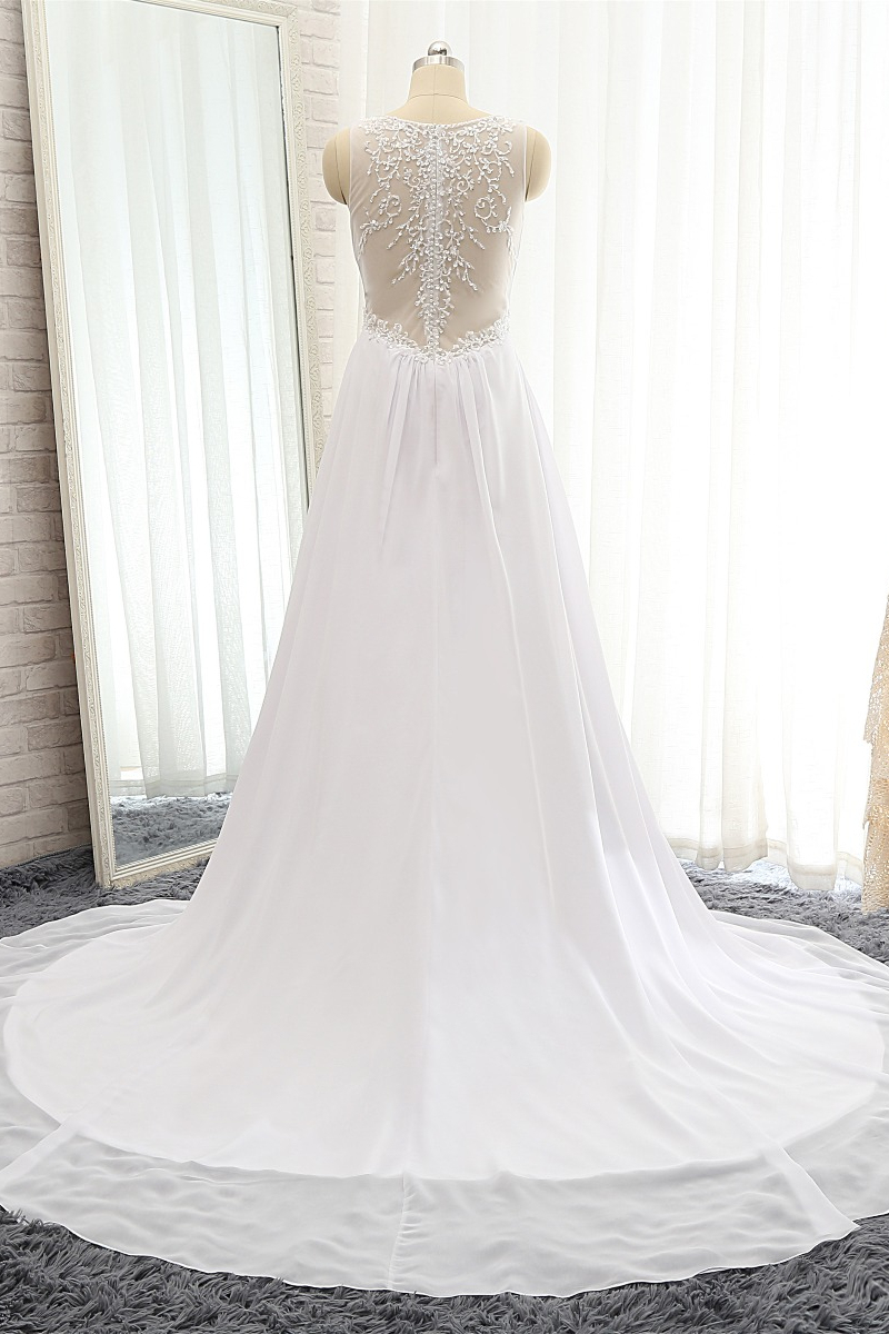 BMbridal Modest Straps V-neck Sleeveless Wedding Dresses White Chiffon Bridal Gowns Online