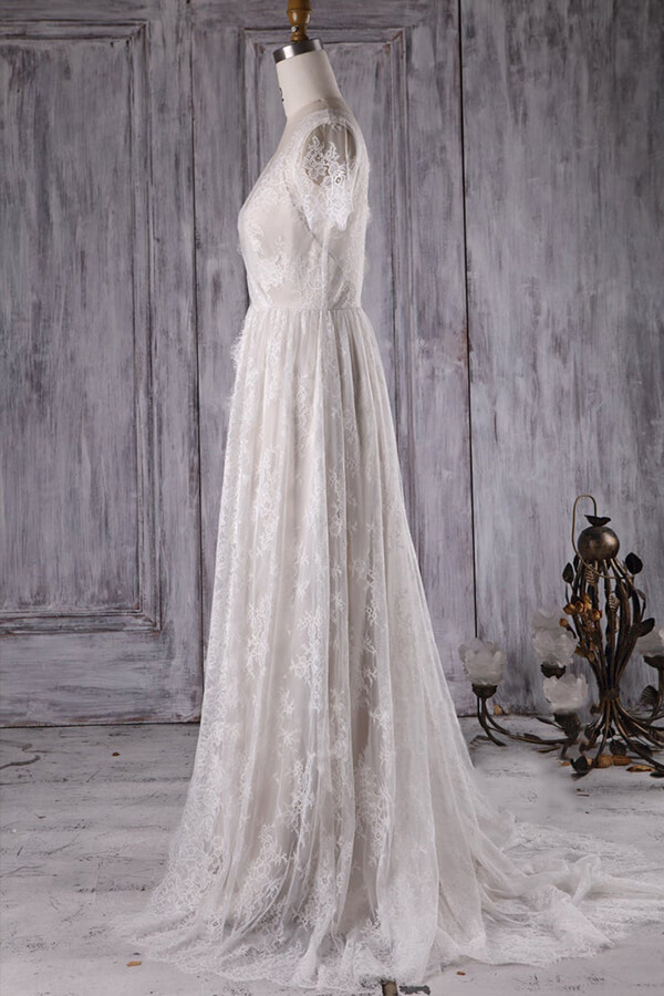 BMbridal Elegant A-line Lace Wedding Dress Short Sleeves Appliques Bridal Gowns Online-BMbridal