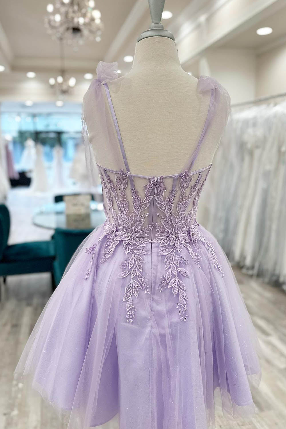 Purple Corset A-Line Tulle Short Flower Homecoming Dress with Lace-BMbridal
