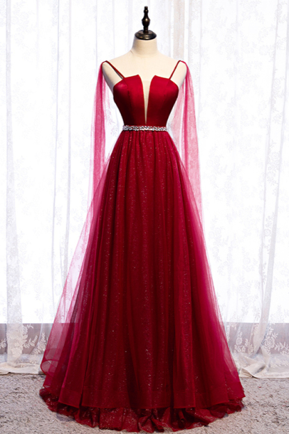 BMbridal Stunning Spaghetti Straps Tulle Burgundy Prom Dresses V-Neck Sleeveless Sequins Evening Dresses Online-BMbridal