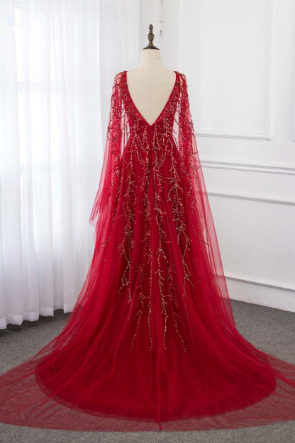 BMbridal Gorgeous Tulle Jewel Ruffle Burgundy Prom Dresses with Beadings Online