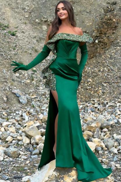 Luxurious Mermaid Off-The-Shoulder Sleeveless Satin Prom Dresses with Slit