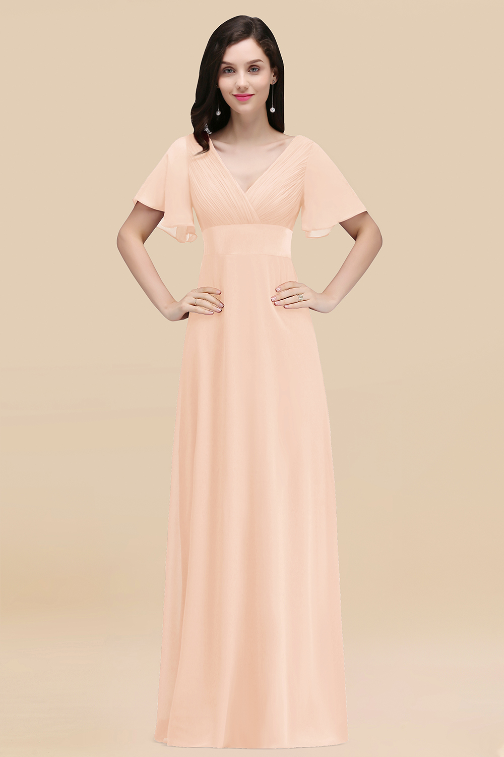 BMbridal Affordable V-Neck Ruffle Long Burgundy Bridesmaid Dress With Short-Sleeves-BMbridal
