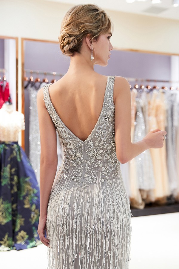 BMbridal Silver Mermaid Long Sequins Prom Dress Appliques