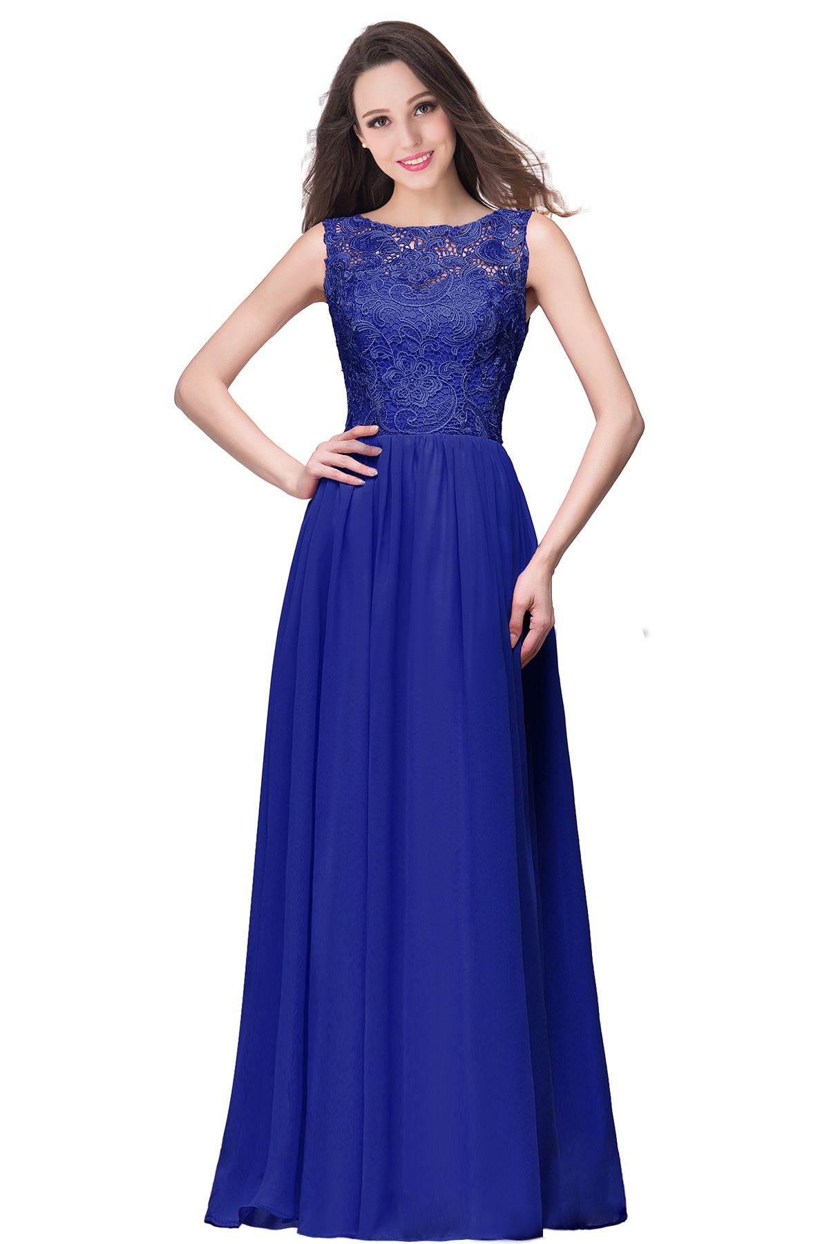 BMbridal Affordable A-line Chiffon Crew Lace Navy Long Bridesmaid Dresses In Stock