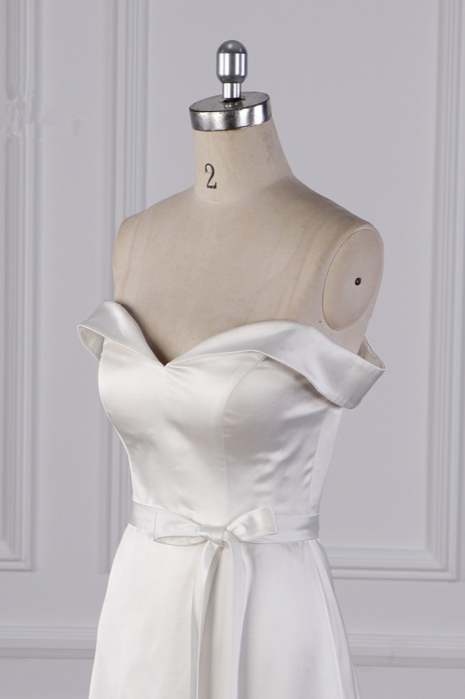BMbridal Sexy Off-the-Shoulder Satin Wedding Dress Sweetheart Front Slit Bridal Gowns with Bow On Sale-BMbridal