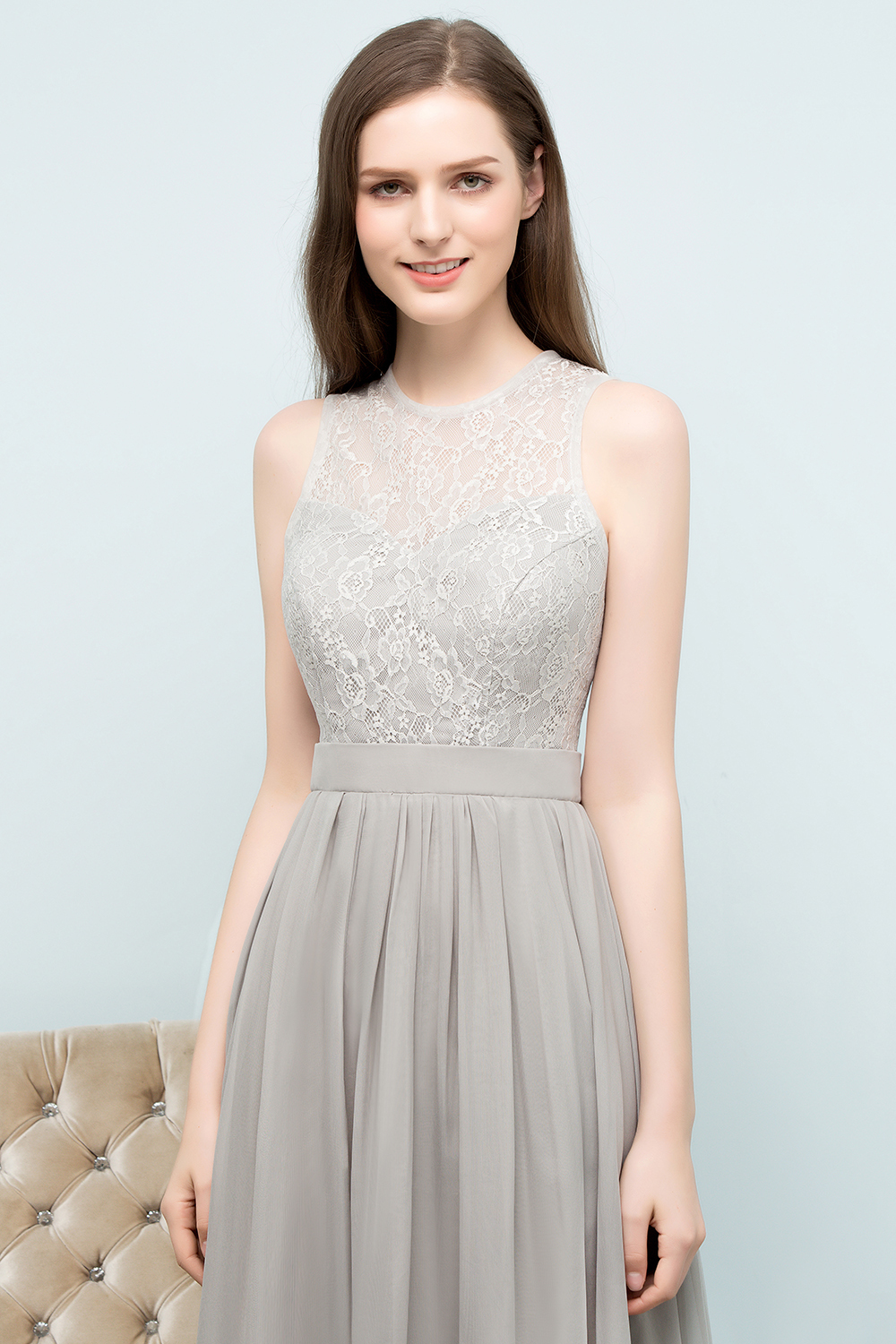 BMbridal Affordable Lace Sleeveless Silver Bridesmaid Dress with Ruffles-BMbridal