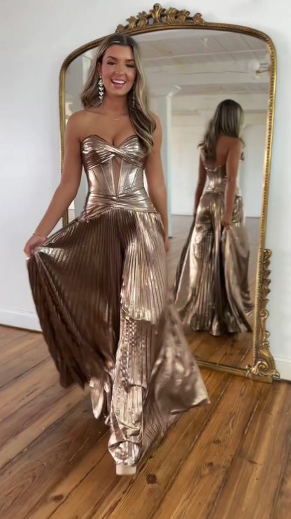 Rose Golden Sweetheart A-Line Metallic Pleated Long Corset Prom Jumpsuits