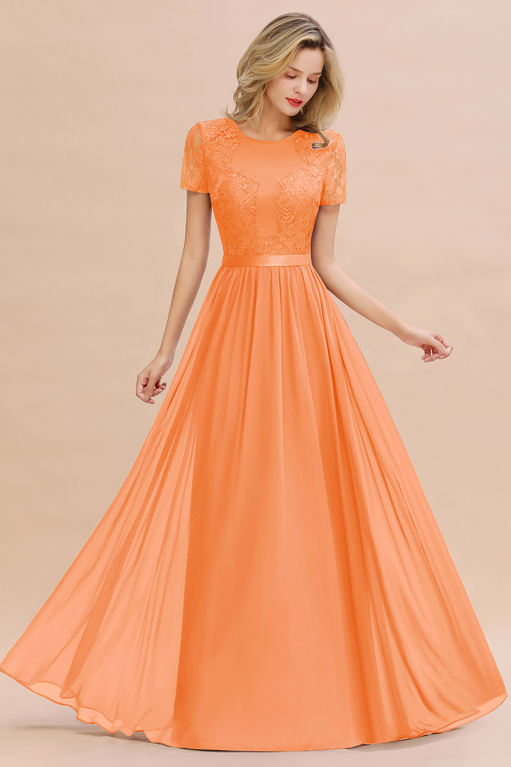 BMbridal Elegant Chiffon Lace Jewel Short-Sleeves Affordable Bridesmaid Dress-BMbridal