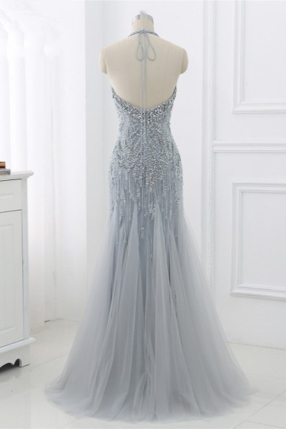 BMbridal Elegant Tulle Halter Rhinestones Mermaid Prom Dresses Sleeveless Appliques Online