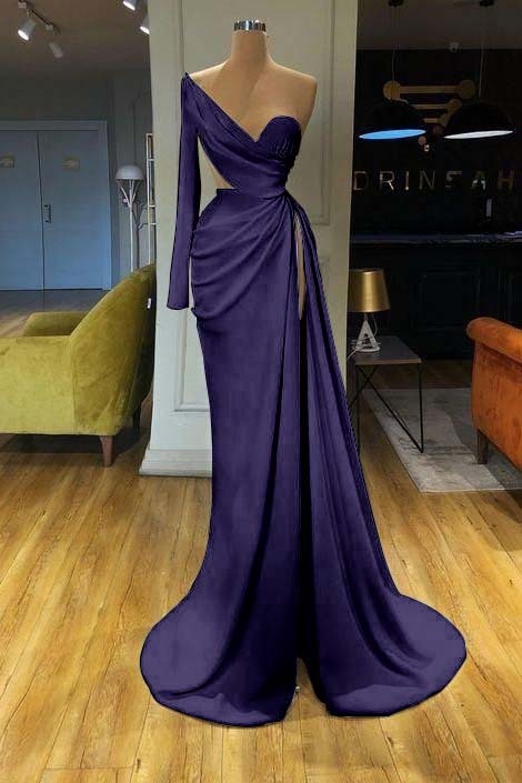 White Long Sleeve Sweetheart Mermaid Prom Dress One Shoulder With Split