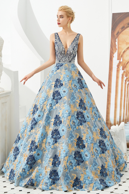 BMbridal Glamorous V-Neck Sleeveless Print Prom Dress Long Beadings Evening Gowns