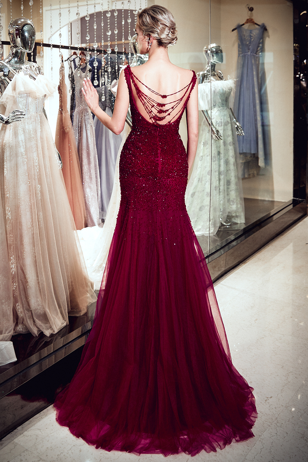 BMbridal Gorgeous Mermaid Sleeveless Prom Dresses Sequined Tulle Burgundy Formal Dresses Online