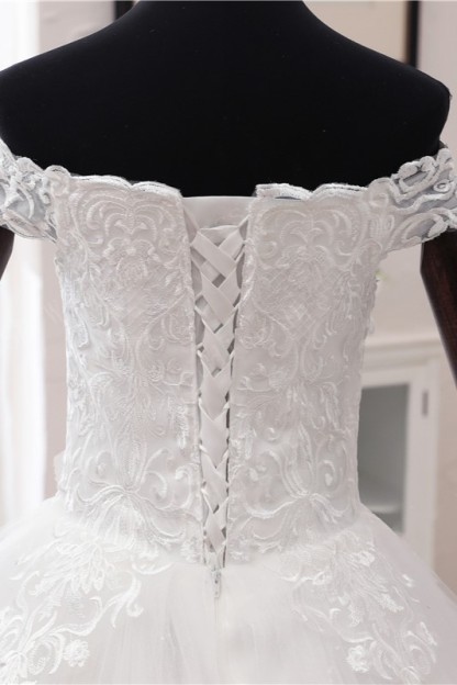 BMbridal Ball Gown Off-the-Shoulder Lace Appliques Wedding Dresses White Tulle Sleeveless Bridal Gowns-BMbridal